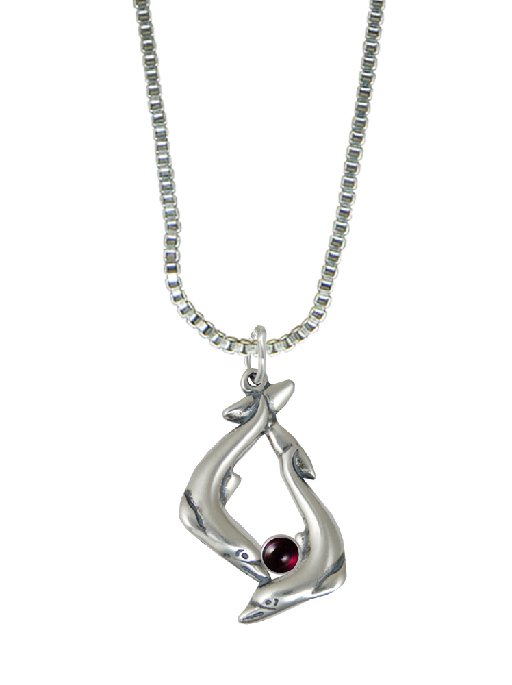 Sterling Silver Dolphins Pendant With Garnet